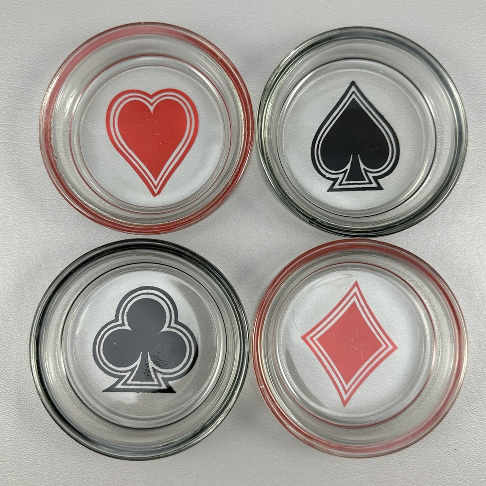 Set/4 Federal Glass Coasters Playing Card Suits 1950's MCM Poker Ash Tray Vtg
